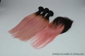 Two Tone Real Hair T1b to Pink Virgin Hair Human Hair Bundles and Closure