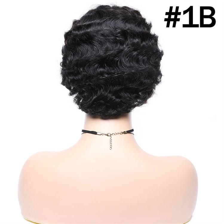 Pixie Cut Short Human Hair Wig Finger Wave for Black Women, Brazilian Virgin Cuticle Aligned Hair Wavy Wig Natural Color 1b