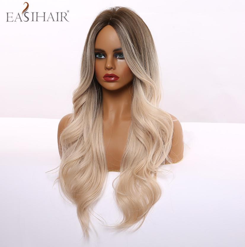 Freeshipping Ombre Brown Light Blonde Platinum Long Wavy Middle Part Hair Wig Cosplay Natural Heat Resistant Synthetic Wig for Women Dropshipping Wholesale