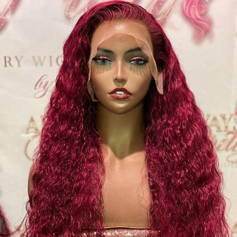 28′′ Lace Wig Loose Curly Lace Front Wigs Dark Red Long Water Wave Synthetic Wig with Baby Hair Hairline