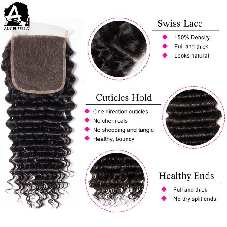 Angelbella Raw Mink Brazilian Virgin Hair Closures 5X5 Deep Wave Lace Closures with Natural Color