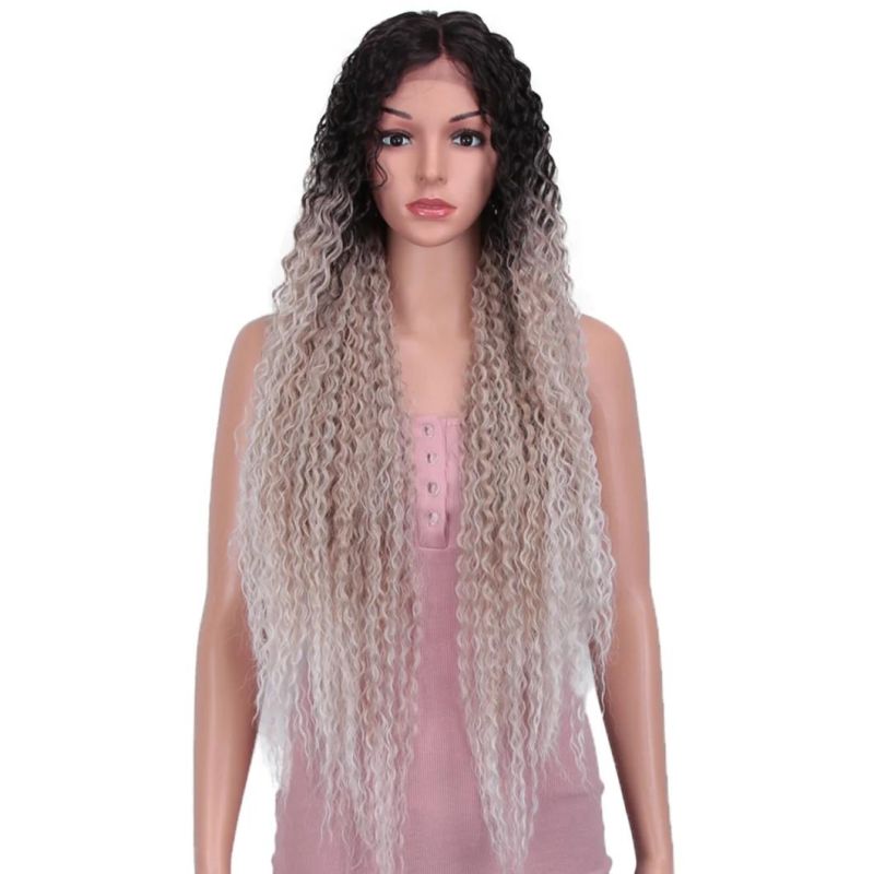 Kinky Curly Hair Brazilian Human Hair Lace Front Wig 30 Inch Long Hair Lace Front Wig Ombre Black Silver Double Tones Long Hair Wigs for Women