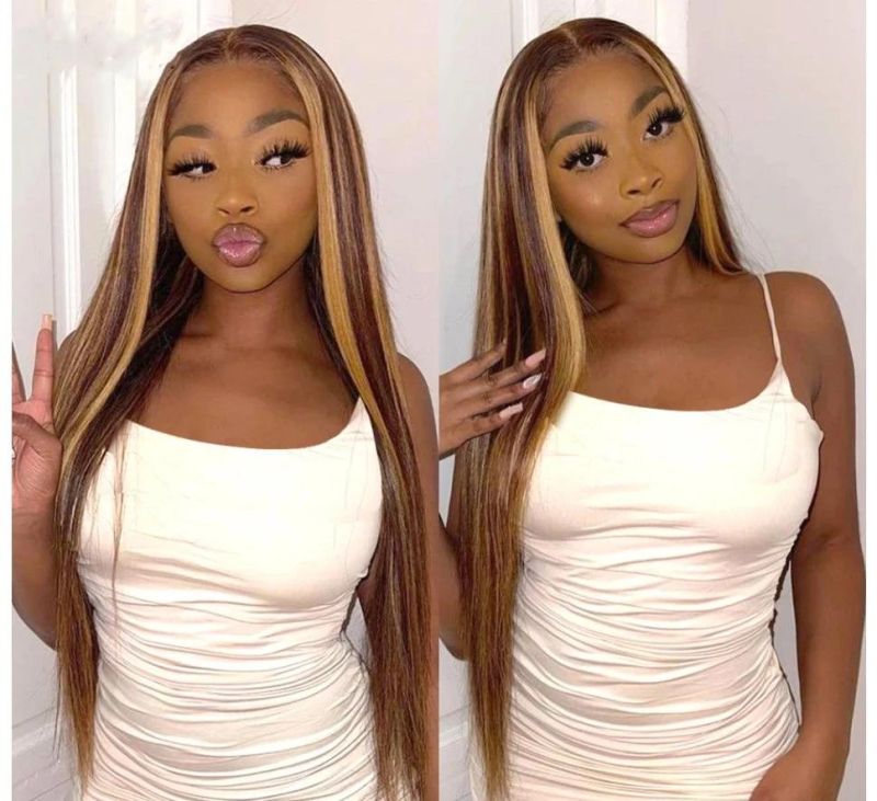 Freeshipping 13*4 150% 12 Inches Human Hair Straight Highlight Wig Blonde Wigs Colored Lace Front Wig for Women Piano Color Wigs Dropshipping Wholesale