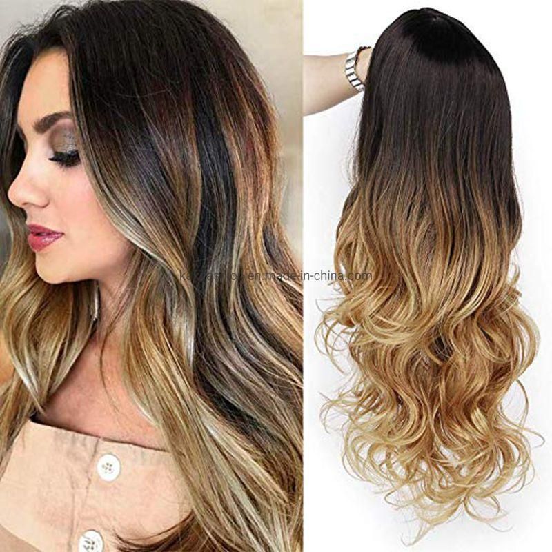 Kakiifahsion Hair Synthetic Ombre Brown Long Wavy Wigs Side Part Dark Roots Big Wave Wigs for Women