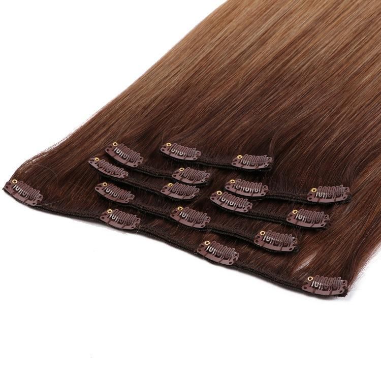 Double Drawn Piano Color Russian Hair Seamless PU Skin Weft Clip in Hair Extension #T4/12