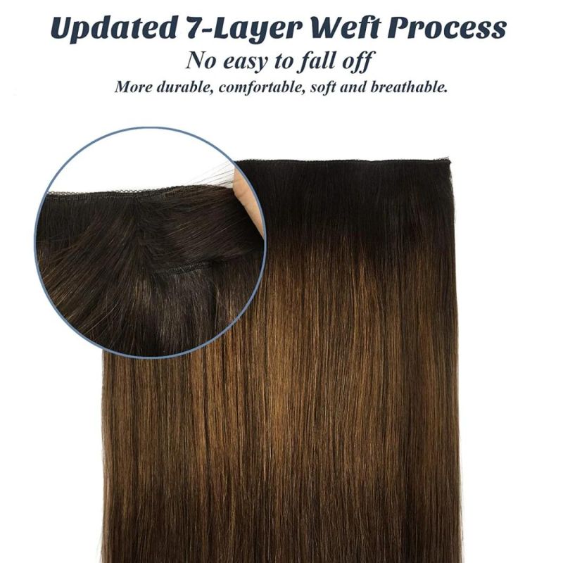 Human Hair Extensions Dark Brown Mixed Chestnut Brown 16 Inch Real Hair Extensions Hidden Crown Wire Extensions with Transparent Fish Line Hairpiece