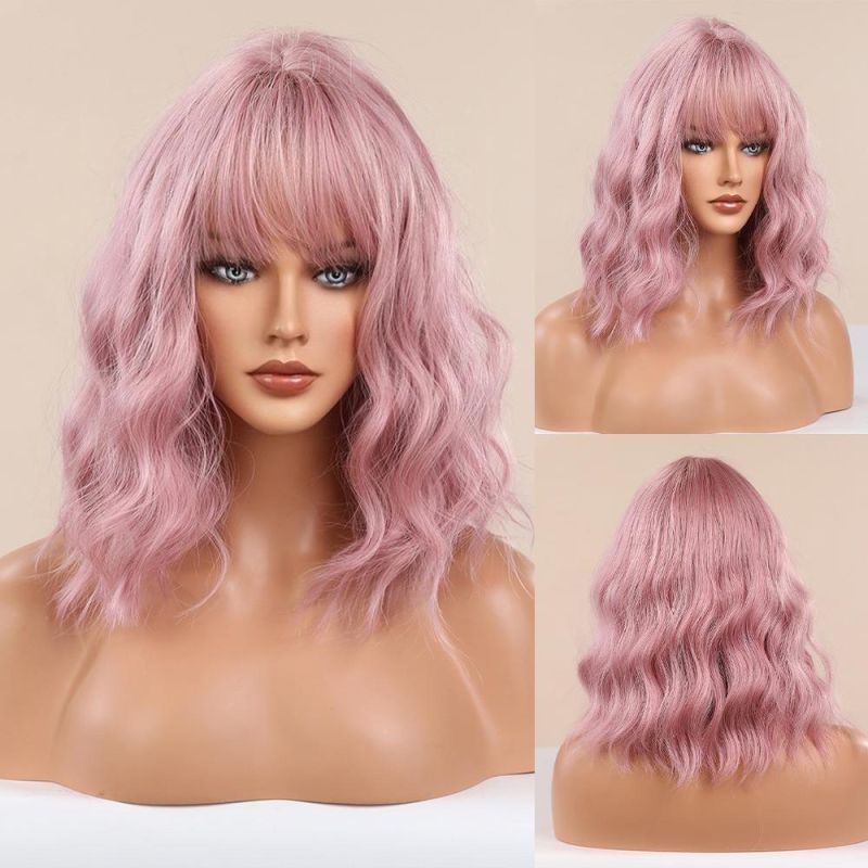 Freeshipping Synthetic Wigs for Women Short Curly Hair Pink Cosplay Daily Use Wig with Bangs Hheat Resistance Fiber Dropshipping Wholesale