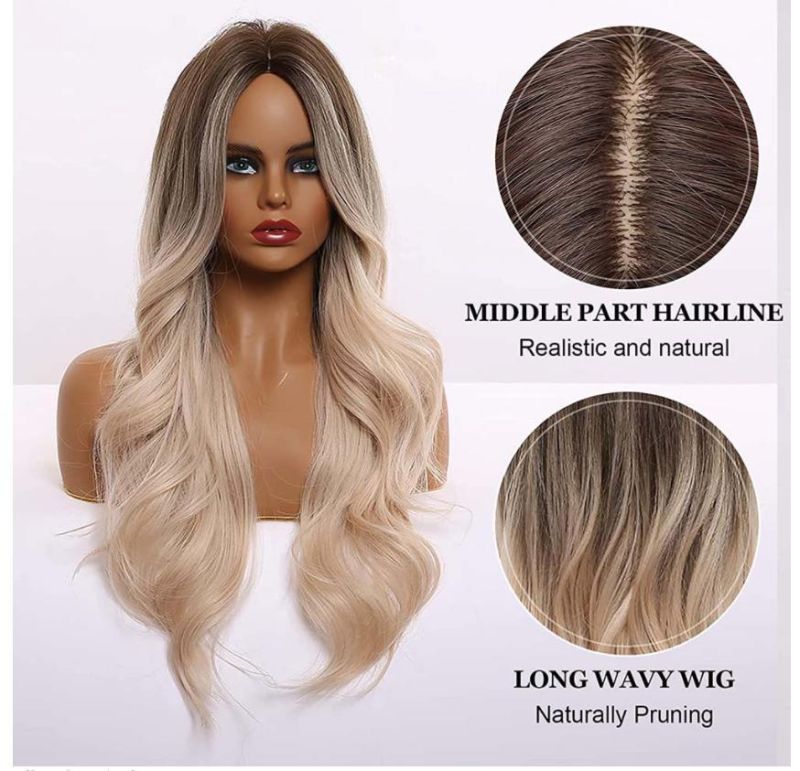 Freeshipping Ombre Brown Light Blonde Platinum Long Wavy Middle Part Hair Wig Cosplay Natural Heat Resistant Synthetic Wig for Women Dropshipping Wholesale