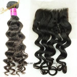 Free Shipping Unprocessed Loose Curl Lace Closure 3 Bundles Virgin Brazilian Hair Weaving