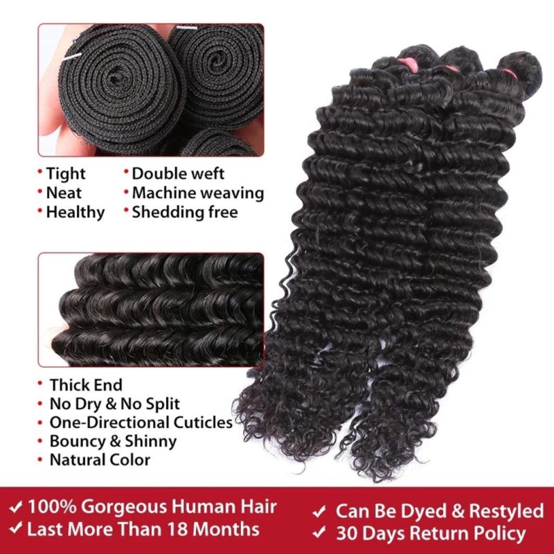 Deep Wave Bundles with Closure Brazilian Curly 100%Human Hair Water Wave Bundles Weave and Lace Frontal Remy 32 Inches