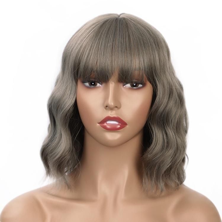 Short Wavy Short Bob Gray Wig with Neat Bangs for Black White Women