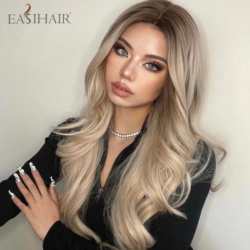 Freeshipping Ombre Brown Light Blonde Platinum Long Wavy Middle Part Hair Wig Cosplay Natural Heat Resistant Synthetic Wig for Women Dropshipping Wholesale