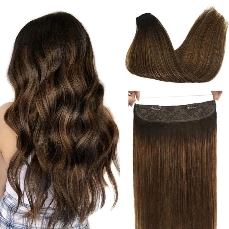 Human Hair Extensions Dark Brown Mixed Chestnut Brown 16 Inch Real Hair Extensions Hidden Crown Wire Extensions with Transparent Fish Line Hairpiece