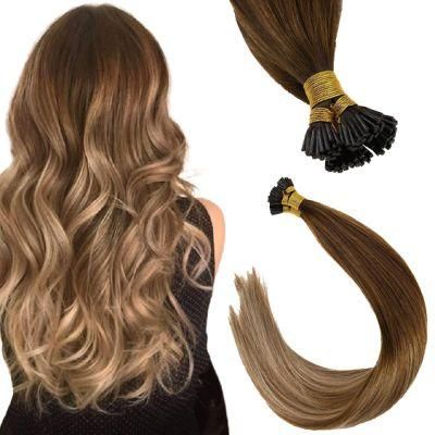16inch Remy Hair I Tip Extensions Dark Brown Ombre Medium Brown with Medium Blonde Balayage I Tip Extensions 100% Real Human Hair 50g/Pacakge