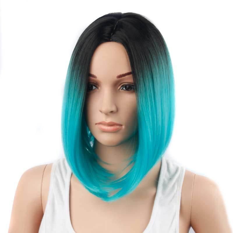 Cheap 14inch Short Silky Straight Ombre Blue Heat Resistant Fiber Synthetic Wigs