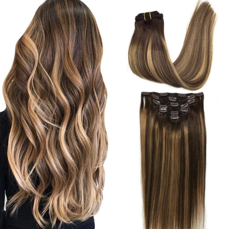 Clip in Brazilian Human Hair Extensions Full Head Remy Human Hair Straight Hair Extensions Multi Color 20 Inches