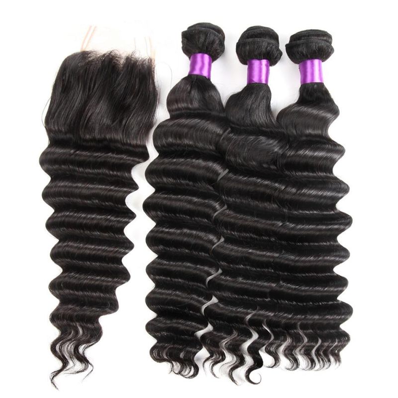 Human Hair Weave 3 Bundles with Lace Closure Brazilian Hair Weft