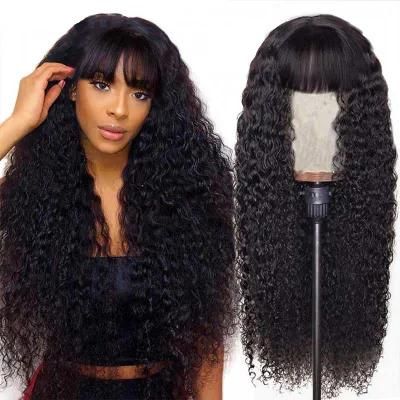 Kbeth Kinky Curly Wig with Bangs Cheap Human Hair Glue Free Brazilian Human Hair Wigs Non-Lace Free Part Curly Breathable Wig for Women