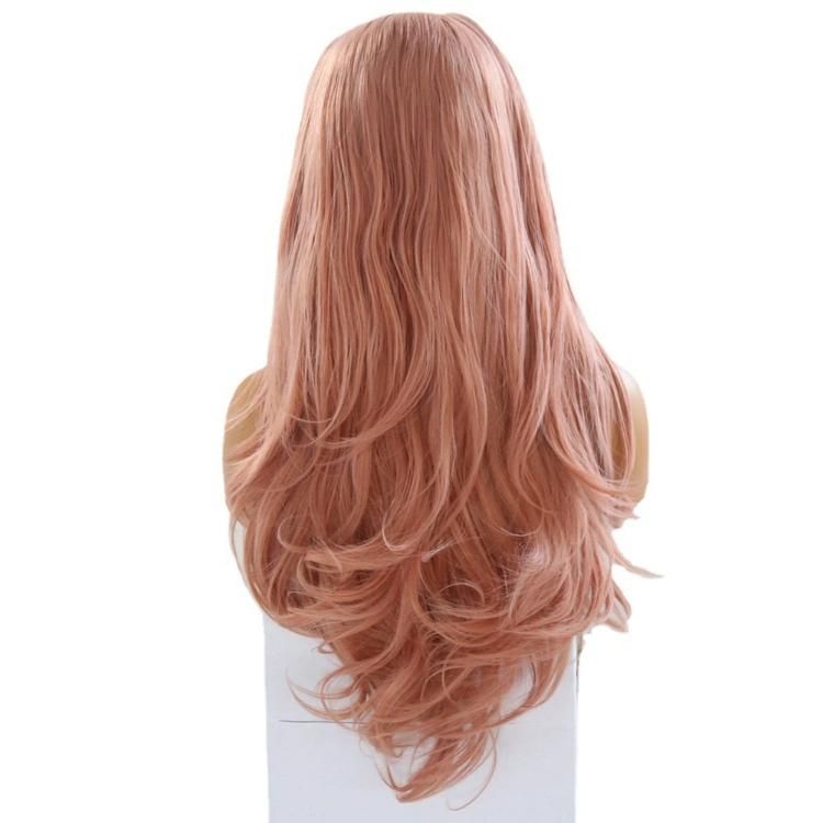 China Wig Synthetic Fiber Lace Frontal Long Natural Wavy Pink Hair Wig