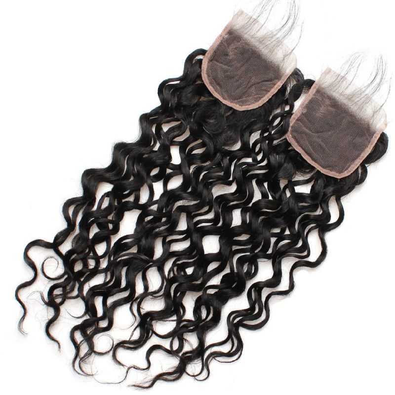 7A 4*4 Virgin Lace Frontal Closure Non-Remy Water Wavy Free Part Hair Weave #Black