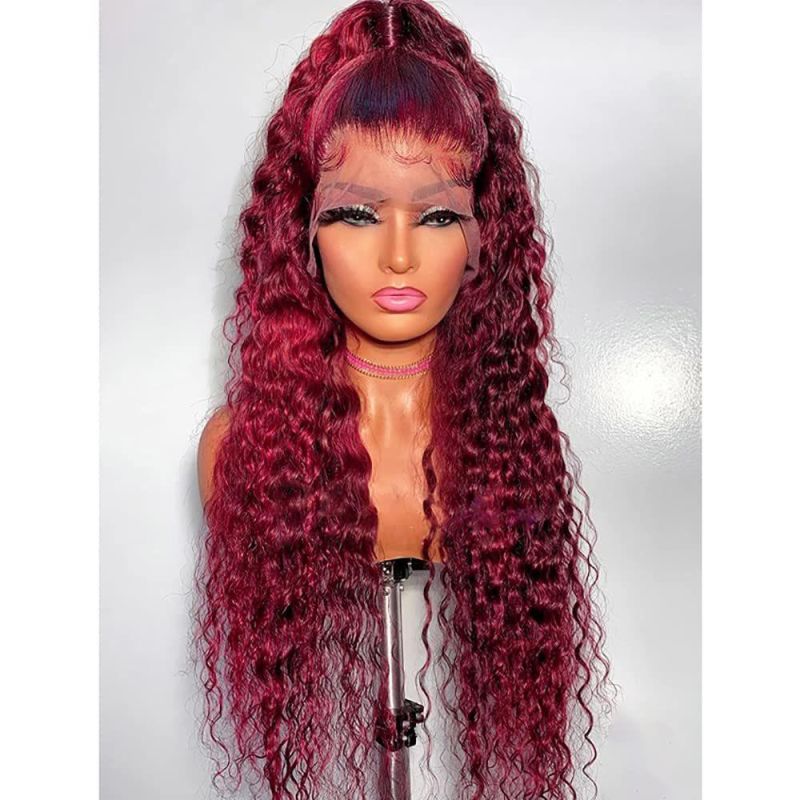 28′′ Lace Wig Loose Curly Lace Front Wigs Dark Red Long Water Wave Synthetic Wig with Baby Hair Hairline