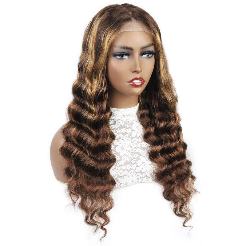 4*4 Lace Frontal Wig Loose Deep Curly Human Hair Wigs Piano Color #P4/27