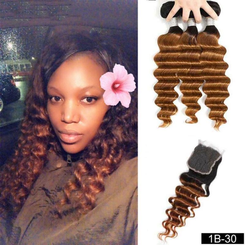 Kbeth Peruvian Deep Wave Remy Human Hair Bundles with Closure Ombre Brown Color Closure with Bundles for Black Women
