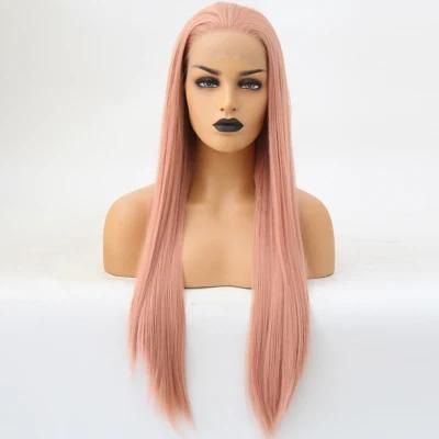 China Wig Synthetic Fiber Lace Frontal Long Straight Pink Natural Hair Wig
