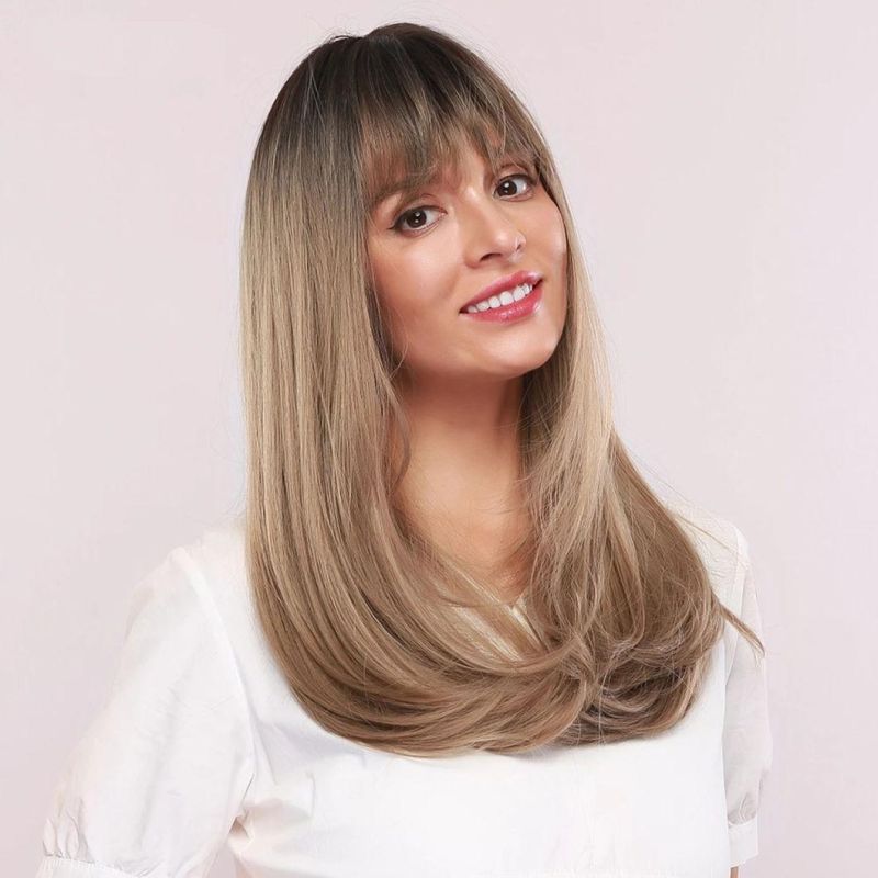Long Natural Wave Brazilian Wig Black Light Brown Ombre Lace Front Hair Wig with Closure Bangs for Black White Women Daily Use Fluffy Wigs 22 Inch