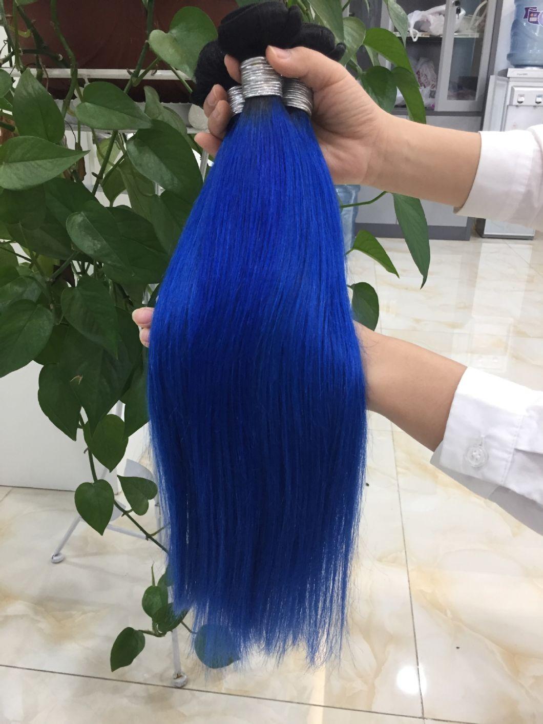 Straight Ombre Hair Bundles with Closure Blue Brazilian Human Hair Weave Bundles with Closure Remy Hair