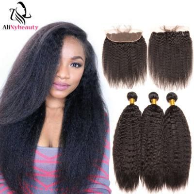 Alinybeauty Virgin Human Kinky Straight Hair Bundles with Lace Frontal