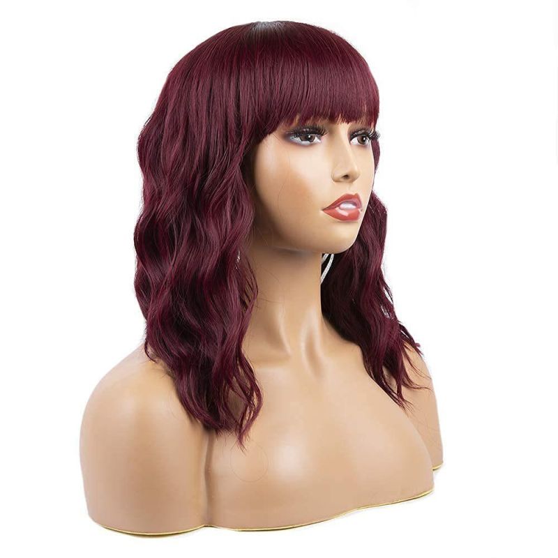 Wine Red Wigs with Bangs for Women Synthetic Curly Bob Wig with Bangs Short Wigs