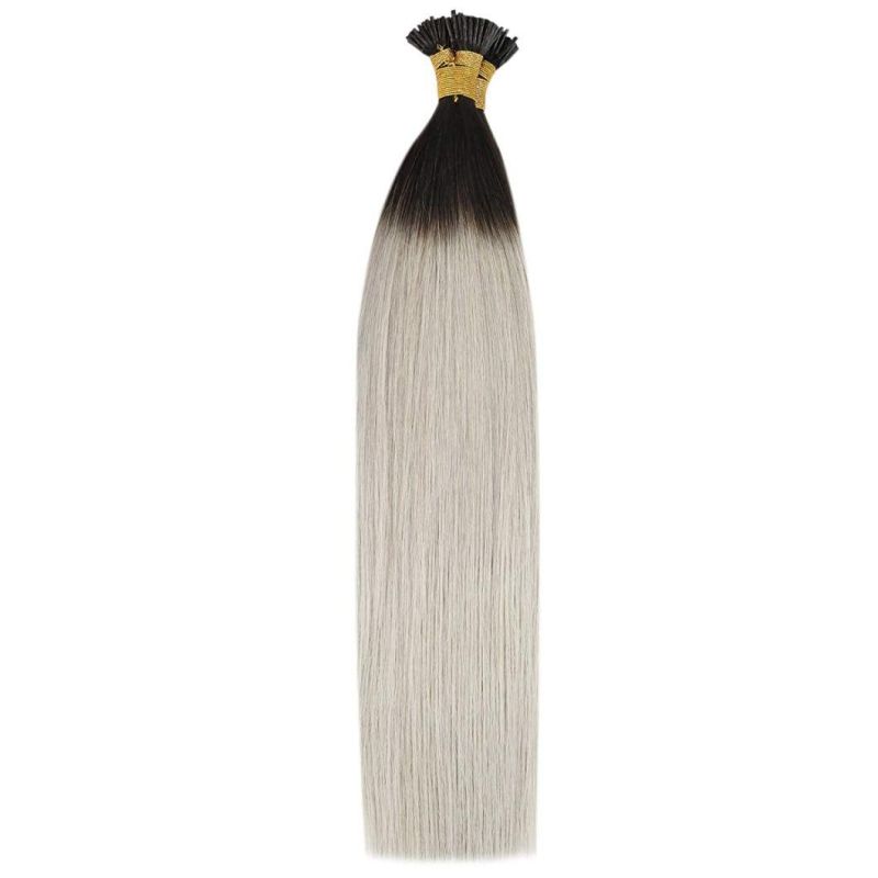 Ombre I Tip Hair Extensions 18inch Human Hair Natural Black to Grey Silky Straight I Tip Extensions Human Hair Ombre Remy Human Hair 50g