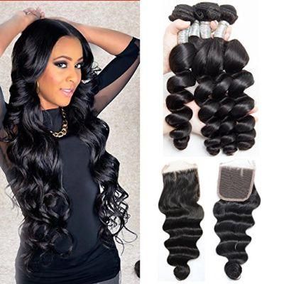 Kbeth Loose Wave 3 Bundles with Lace Closure for Black Women 100% Unprocessed Virgin Human Hair Bundles Free Part Natural Color