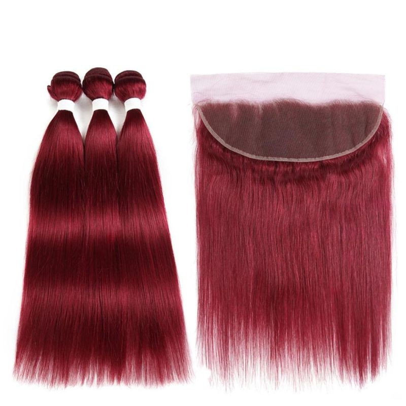 Burgundy Red Color Bundles with Frontal Brazilian Straight Human Hair Weave Bundles Non-Remy Hair Extension