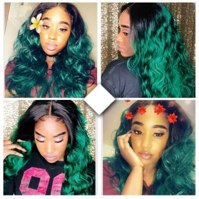 Two Tones Ombre Human Hair 4 Bundles with Closure 1b Green Body Wave Hair Weave with Closure Dark Roots Non-Remy