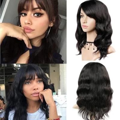 Factory Price 100% Virgin Human Hair Natural Wave Wigs with Bangs Brazilian Human Hair Wave Wigs Natural Black Color