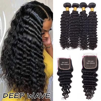 Brazilian Human Hair 4*4 Swiss Lace Closure Hair Bundles, Deep Wave Hair Extension, Double Drawn or Weft Human Hair 3 Bundles with a Closure