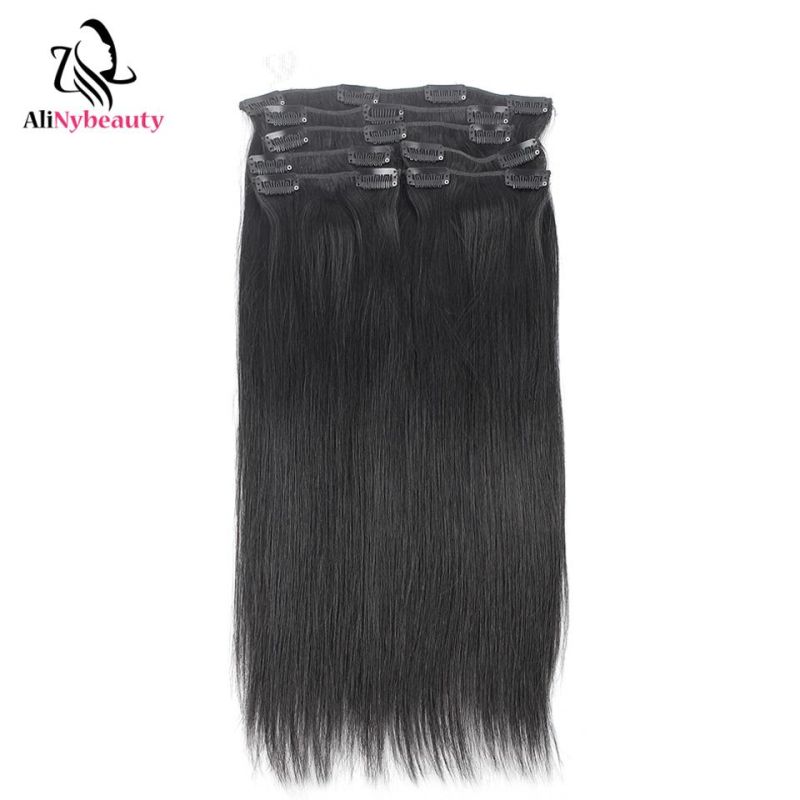 Alinybeauty 1b Black Color Silky Straight Wave Remy Clip in Hair Extensions