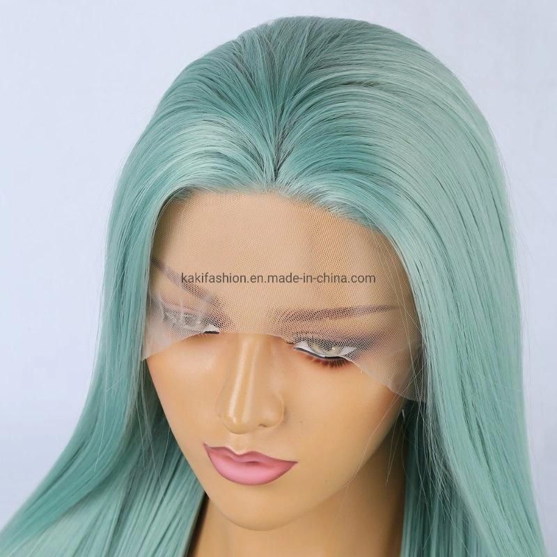 China Front Lace Big Lace Lady Synthetic Fiber Long Straight Green Wig