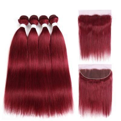 Burgundy Red Color Bundles with Frontal Brazilian Straight Human Hair Weave Bundles Non-Remy Hair Extension