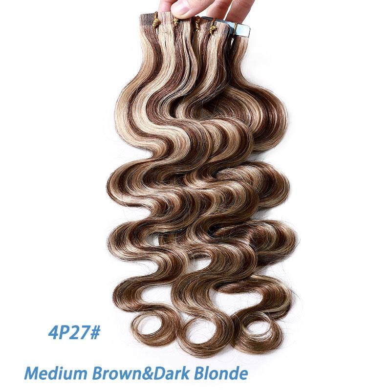 12"-24" 2.5g/PC Remy Human Hair Body Wave Tape in Hair Extensions Adhesive Seamless Hair Weft Blonde Hair 20PC (4P27#)