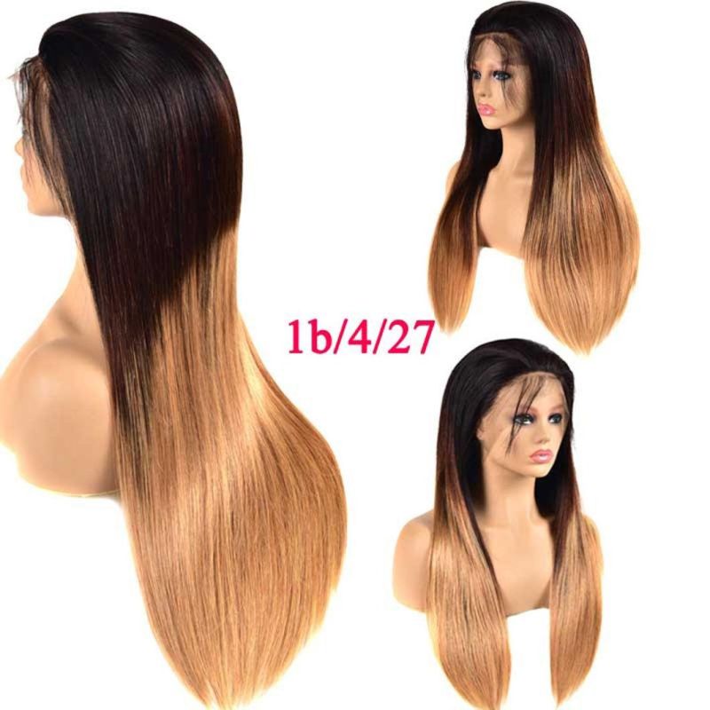 Straight Lace Front Wig Human Hair 150% Density Pre Plucked Bleached Knots with Baby Hair Ombre Wig 1b/4/27