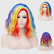 Aicos Bright Rainbow Red Yellow Blue 35cm Short Curly Halloween Party Anime Cosplay Wig for Women, Heat Resistant Full Wig +Cap