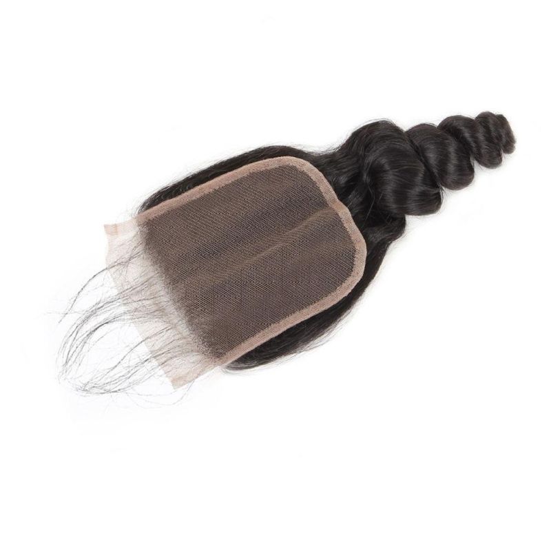 7A Virgin 4*4 Non-Remy Lace Frontal Closure Loose Wavy Free Part Hair Weave #Black