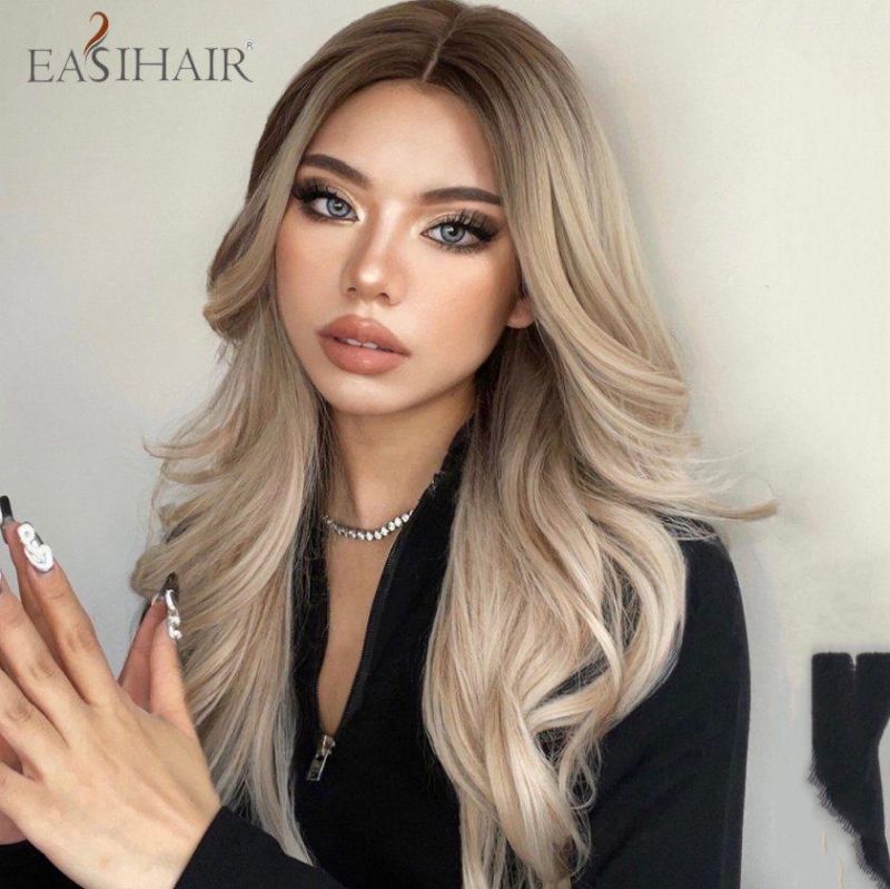 Freeshipping Ombre Brown Light Blonde Platinum Long Wavy Middle Part Hair Wig Cosplay Natural Heat Resistant Synthetic Wig for Women Dropshipping Wholesale