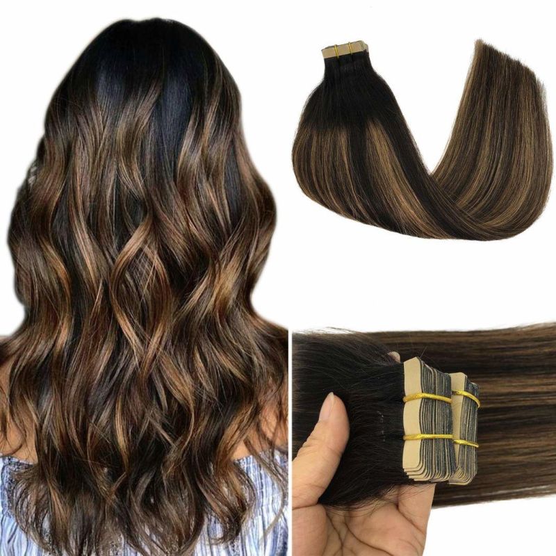 Tape in Hair Extensions Human Hair 24 Inch Balayage Natual Black to Chestnut Brown 20PCS 50g Real Hair Extensions Tape in Remy Hair Extensions for Women