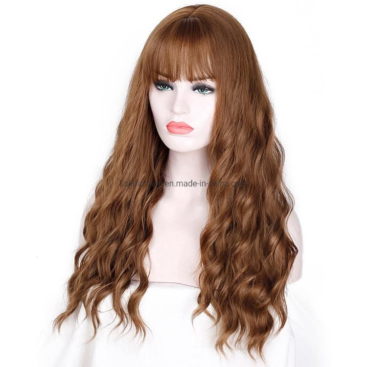 Heat Resistant Synthetic Fiber Long Wigs Kinky Curly Mix Brown Long Wavy Wig with Bangs for Women