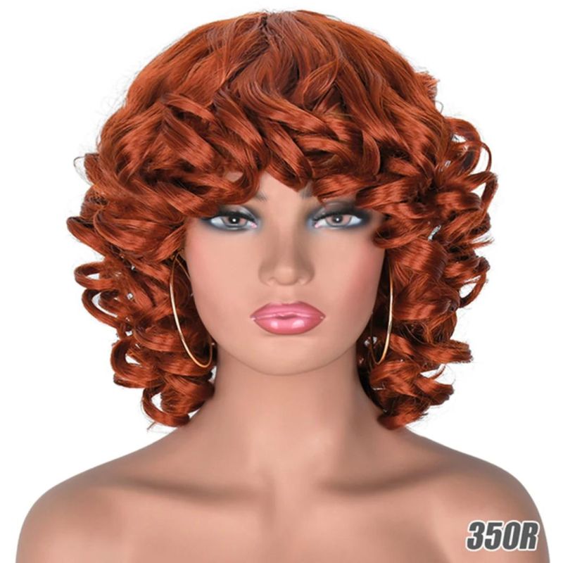 Wholesale Price Human Hair Short Hair Afro Curly Wig with Bangs Loose Fluffy Shoulder Length Natural Lace Front Brazilian Hair Wigs for Black Women 14 Inches