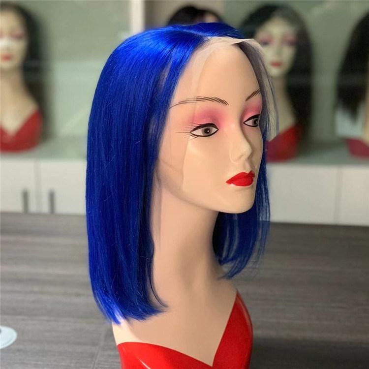 Fast Delivery 13*4 Frontal Blue Colour Human Hair Wigs Bob Blue Wig 180 Density Wig